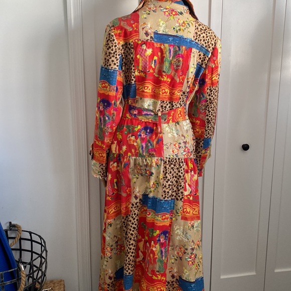 Women’s Simon Chang Sz10 Maxi coat-multicolored Asian print. Belted w/pockets. - Picture 4 of 10